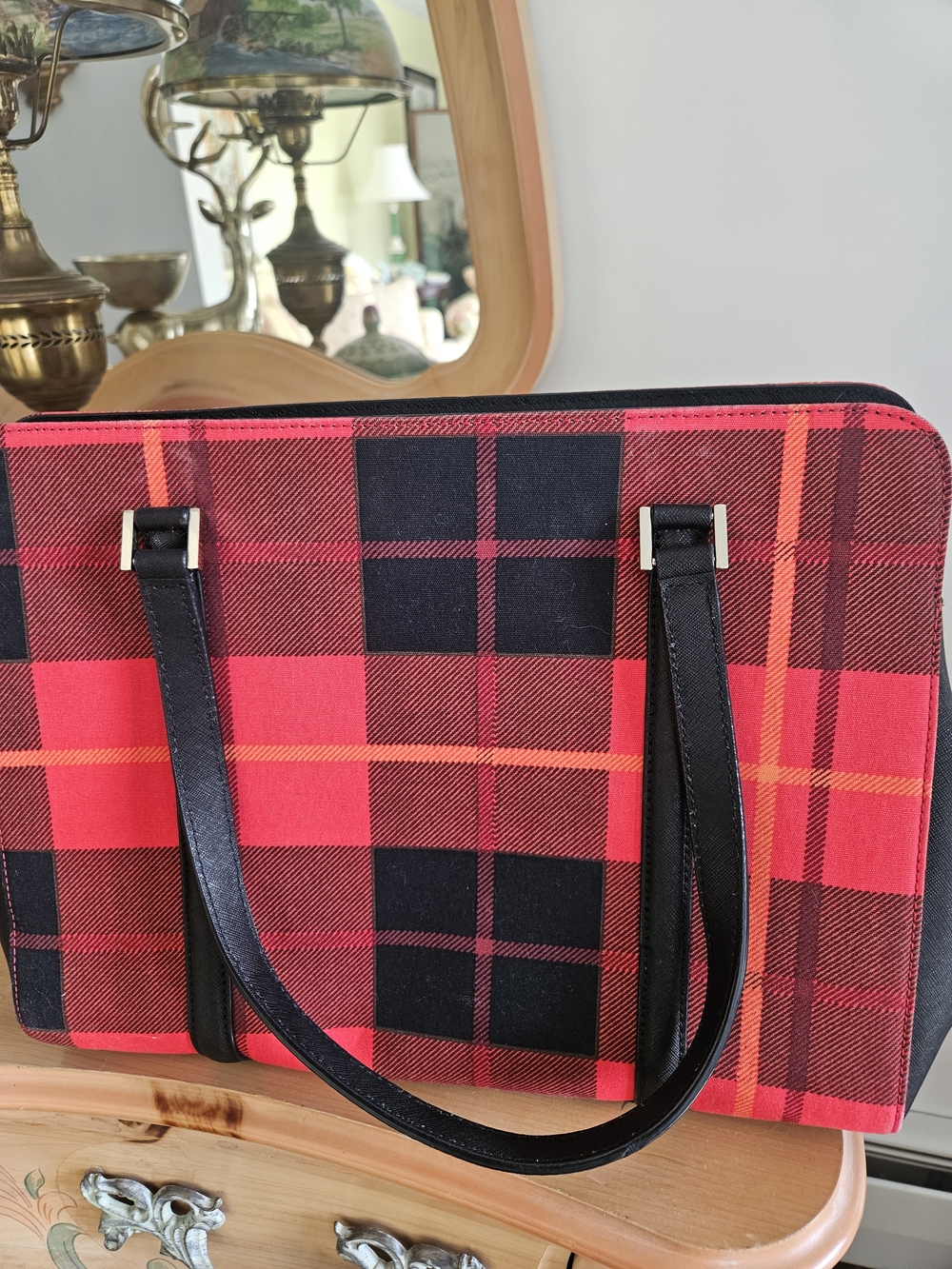 kate spade Red & Black Plaid Tote with Black Straps